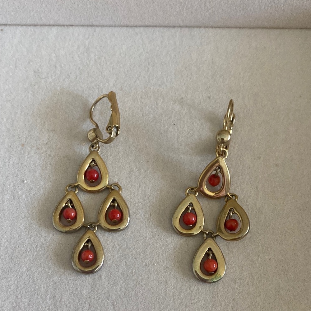 Elegant Gold Base Metal and Coral Teardrop Earrings